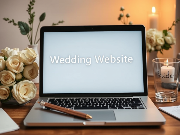 A clean, organized workspace featuring a laptop displaying a "Wedding Website" landing page. The desk is decorated with elegant white roses, a candle labeled "bride," and a pen, creating a romantic and professional atmosphere. This image is perfect for blog posts discussing the importance of setting up a centralized hub for wedding guests, providing RSVP updates, or sharing digital wedding invitations and timelines with clients.